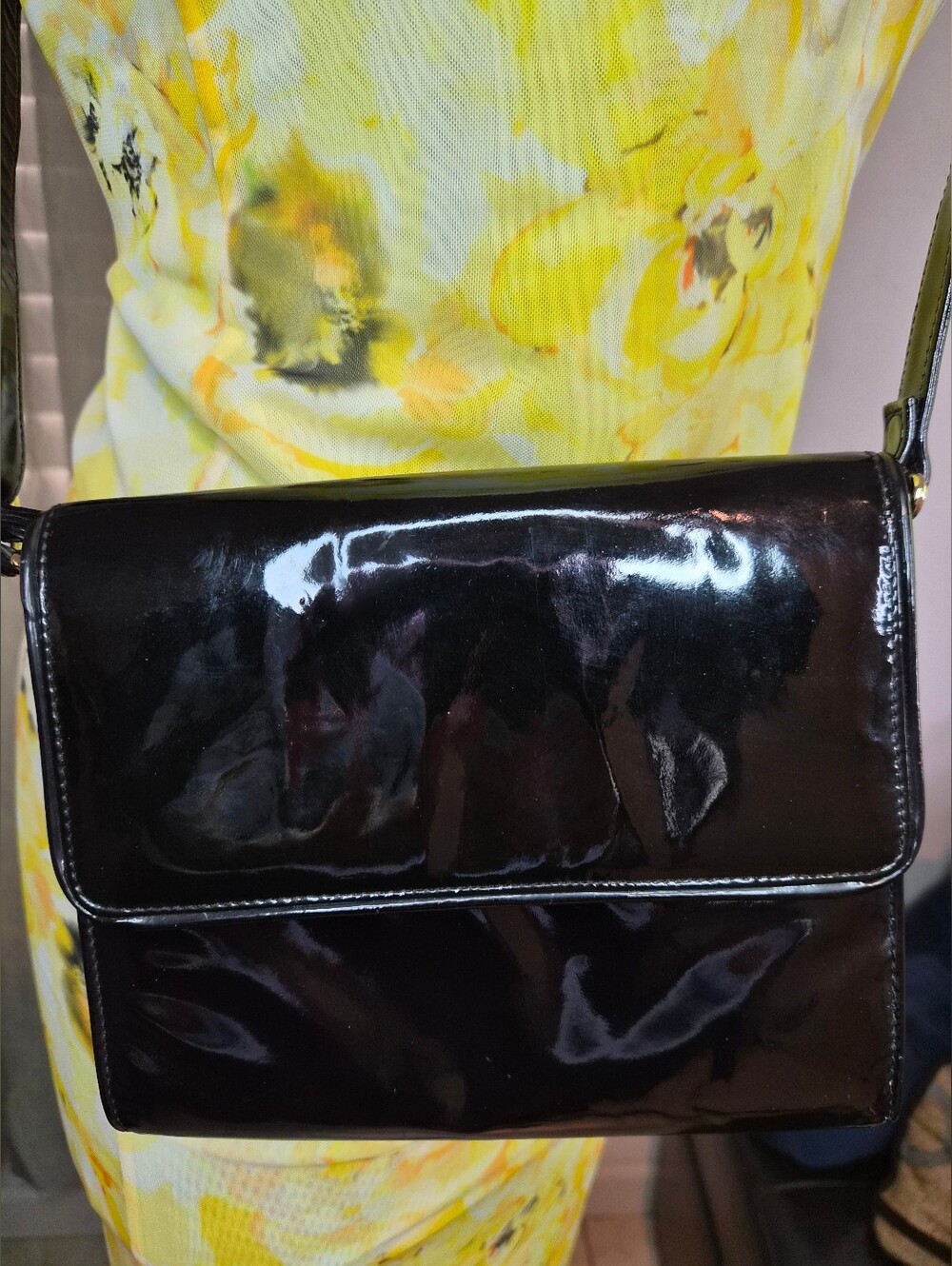 Vintage I. Magnin Black Patent Leather Crossbody Bag Flap w/ Velvet Lining #0324